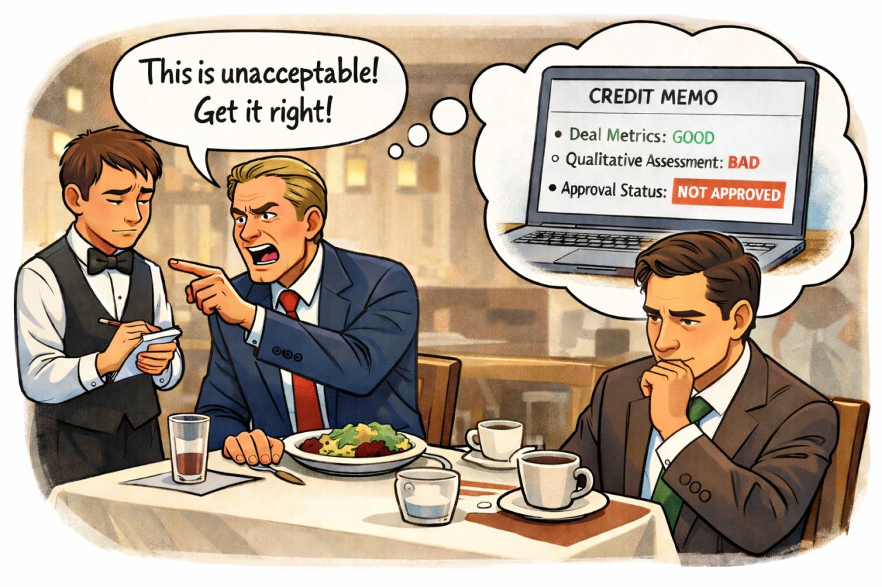 A cartoon of an angry sponsor berating a waiter, with a credit memo thought bubble reading 'Qualitative Assessment: BAD — Not Approved'