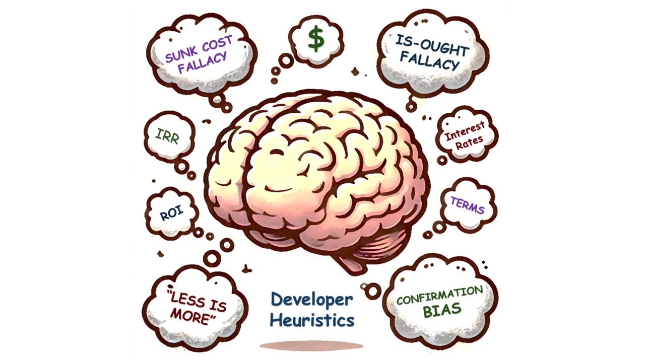 A brain surrounded by thought bubbles labeled with cognitive biases and finance terms — developer heuristics