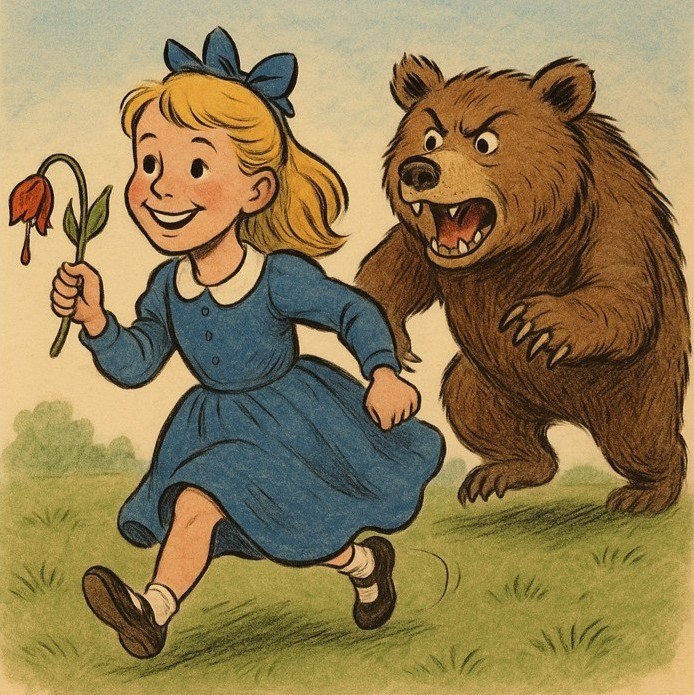 A cheerful Pollyanna clutching a wilting tulip, oblivious to the angry bear chasing her