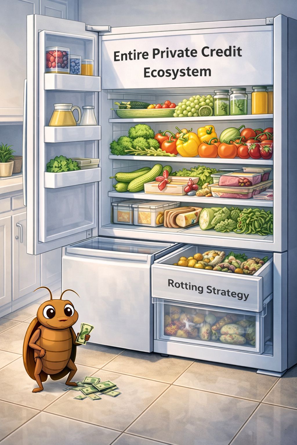 A cartoon cockroach holding cash beside a refrigerator labeled 'Entire Private Credit Ecosystem' with a 'Rotting Strategy' drawer