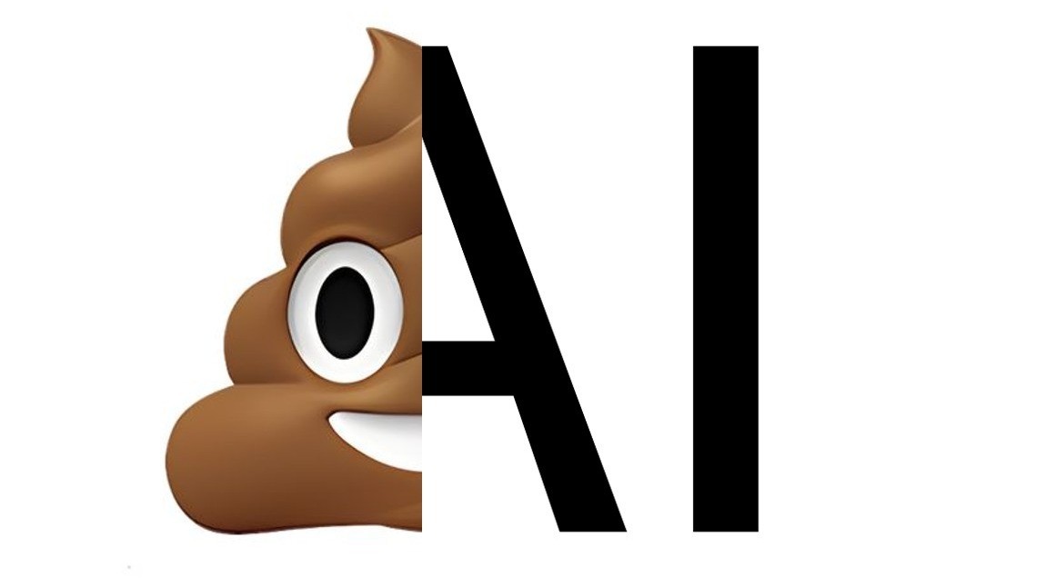 A poop emoji fused with the letters AI — the polished turd